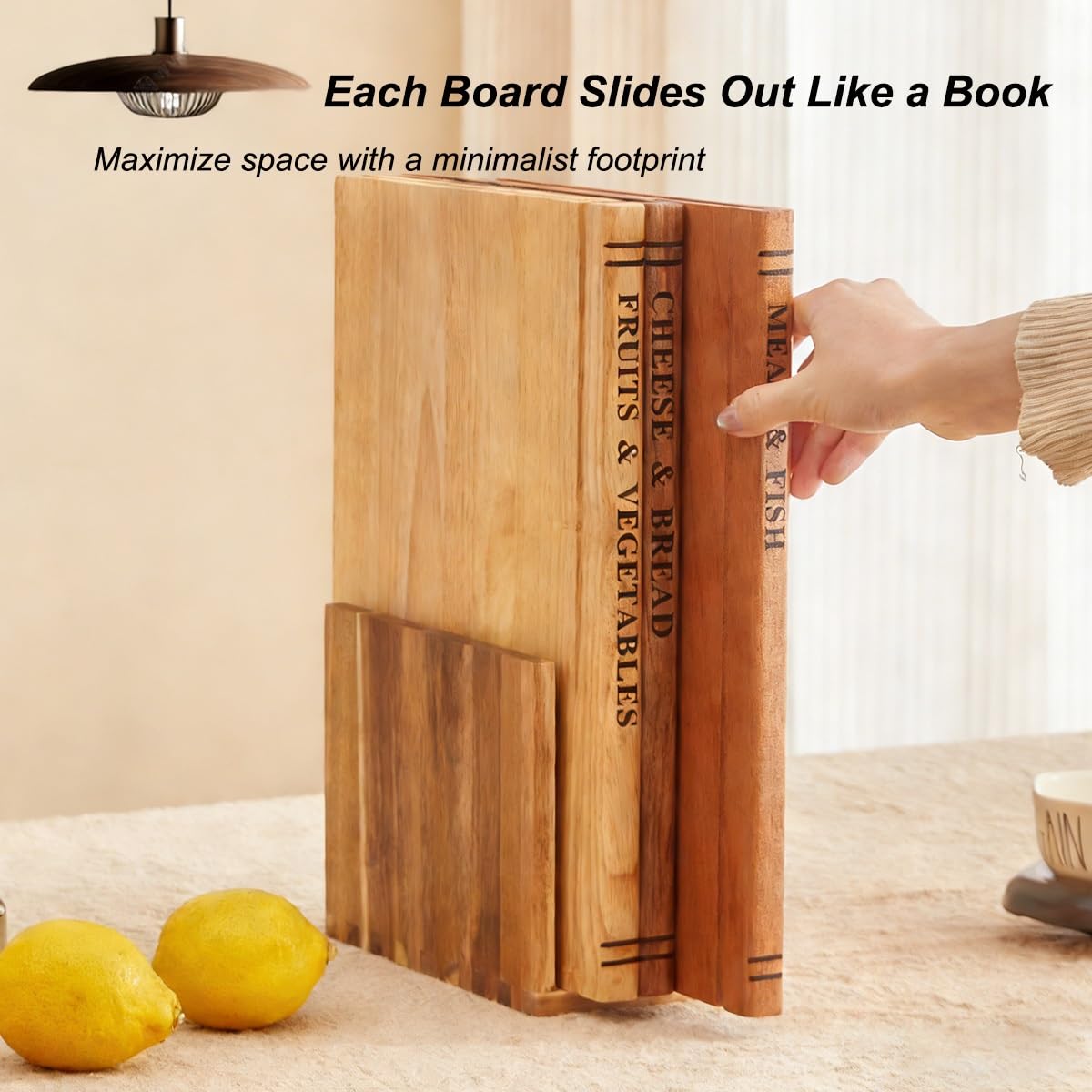 Lot de 3 Planches à Découper en Bois Massif Design Livre, Sapele, Acacia & Hévéa – 33x25.5cm Extra Épaisses avec Icônes Alimentaires, Inclus Support, Idéal pour Viande, Légumes, Fromage & Pain
