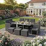 Garden Vida Cuba 10 Seater Rattan Set | Grey | Complete Outdoor Garden Patio Dining Table Set | Steel Frame & PE Wicker | UKFR Certified | Weather Resistant, Tempered Glass, With Cushions