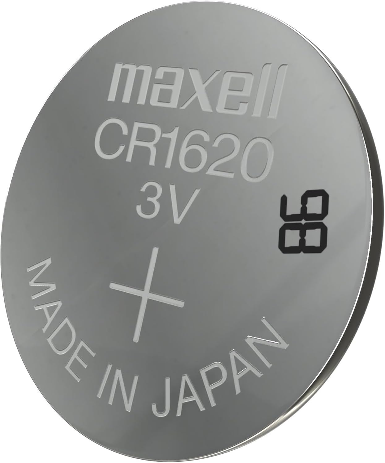 Close-up of a single Maxell CR1620 3V lithium button cell battery