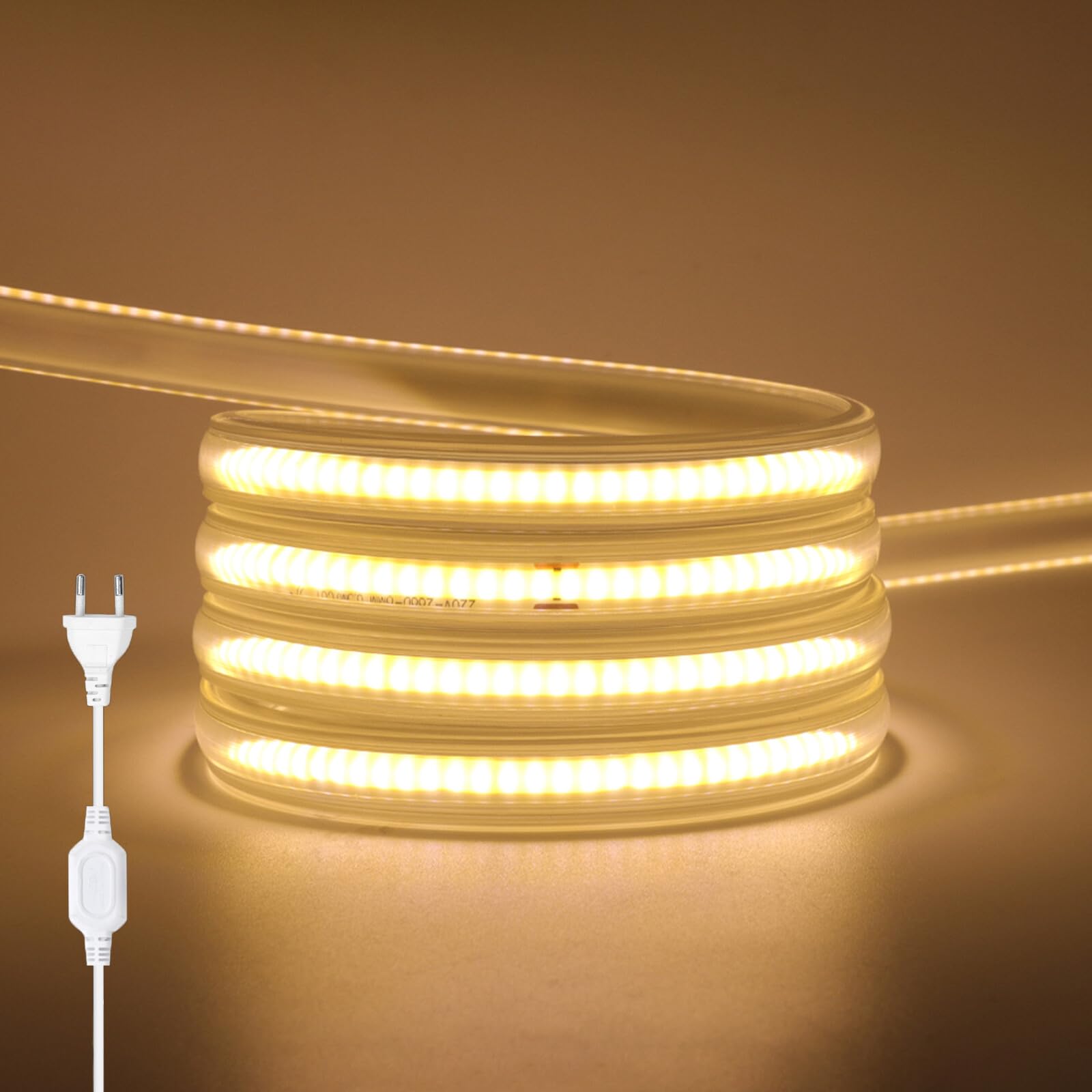 Tira LED neón COB 220V [20M，Blanco Cálido (3000-3500K)], IP65 impermeable flexible, 288 LEDs/m Tira LED FCOB cortable CRI85+, iluminación para dormitorio, cocina, sala de estar y tiendas