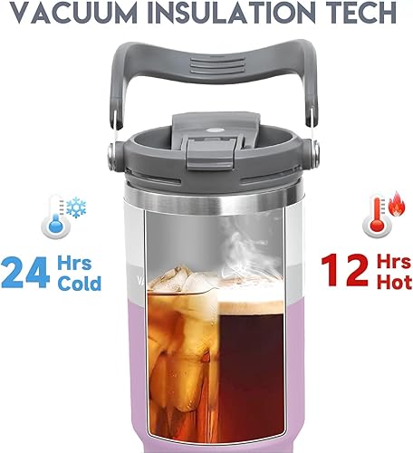 Miniatura 2 de Vaso de 30 onzas con asa y pajilla, taza de café aislada al vacío con tapa 2 en 1, botella de agua de acero inoxidable de doble pared, taza de viaje