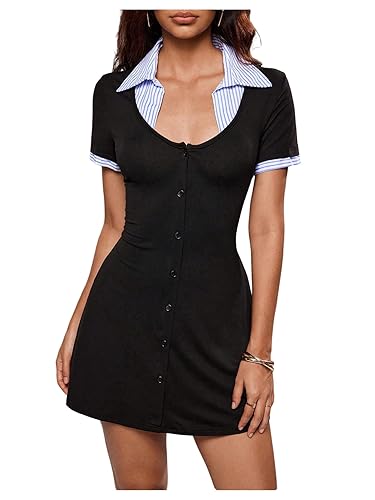 Floerns Women's Y2k 2 in 1 Short Sleeve Mini Dress Collared Going Out A Line Dresses - X-Small - Black