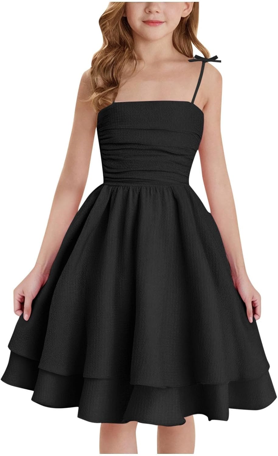 Girls Spaghetti Strap Dress Smocked Layered Sundress Tiered Ruffle A Line Dresses Backless Elegant Knee Length Gown