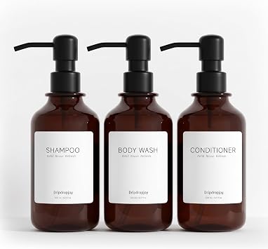 Modern Shampoo and Conditioner Dispenser Set of 3, 17oz Refillable Shower Soap Bottles with Stainless Steel Pumps & Waterproof Labels for Shampoo, Conditioner & Body Wash, Vintage Bathroom Decor