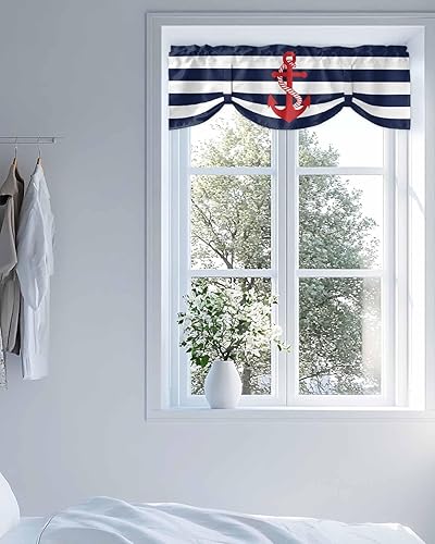 Miniatura 4 de Cenefa de amarre de ancla roja náutica para ventanas de cocina, cenefas de cortina con rayas blancas y azul marino de 54 x 18 pulgadas, 1 panel de