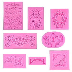 Molde de Silicona 8 Piezas para Decorar Pasteles - Barroca Retro Relieve Fondant Encaje Flor Frontera Decoración de Torta Rosa para Marco