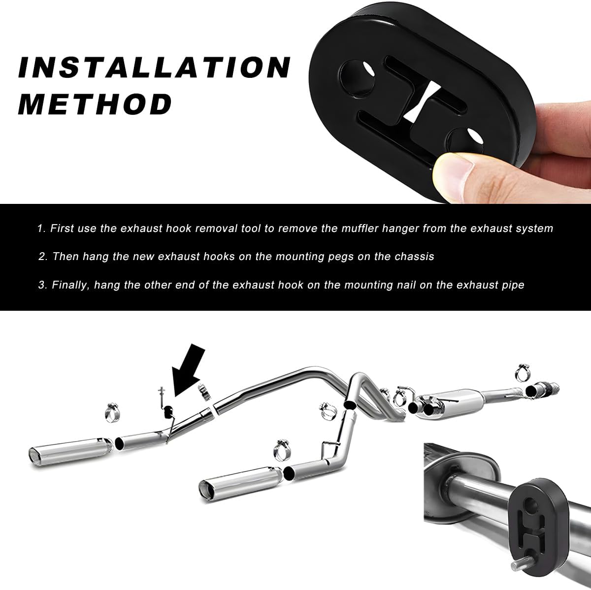 4PCS Car Rubber Exhaust Hanger, 2 Holes 0.47 Inch Insulator Bushing Mount Adjustable Muffler Hanger, High Density Shock Absorber Exhaust Pipe Support Bracket for Most Vehicles
