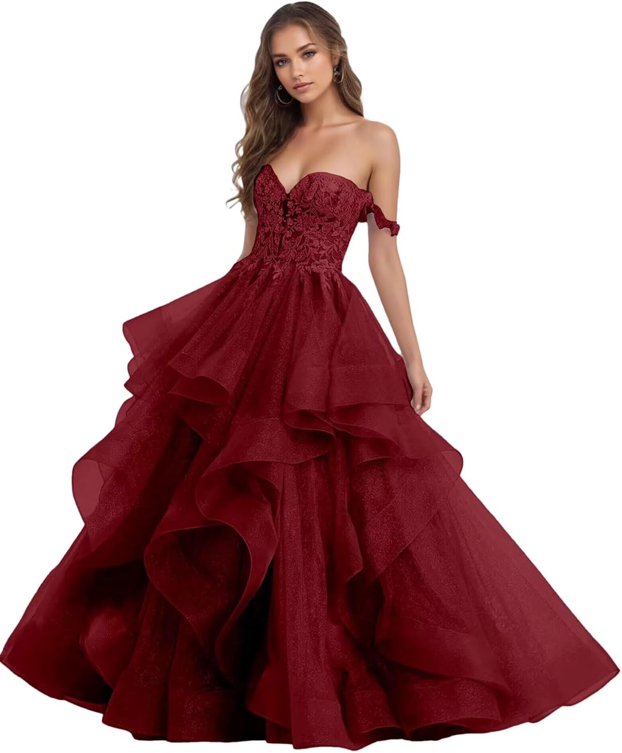 Tulle Off Shoulder Prom Dress Long Ball Gown 2026 Modest Lace Applique Tiered Ruffle Corset Prom Dresses for Women