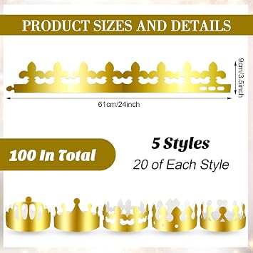 Crtiin 100 Pcs Gold Paper Crowns Bulk for Adult Kids Party, Stylish Style