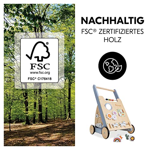hauck Learn to Walk Skills – Holz Lauflernwagen für Babys ab 12 Monaten, mit Motorikspielzeug, Sortierspiel, Ablagefach & Bremssystem, Fördert Laufen, Feinmotorik & Farberkennung, FSC® Zertifiziert