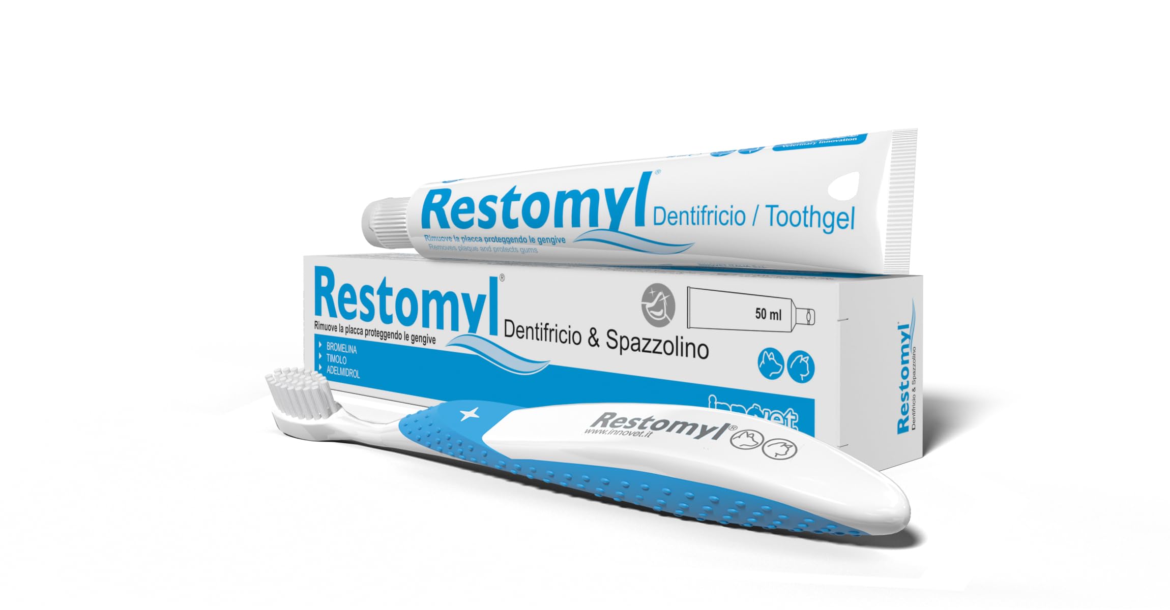 Restomyl Dentifricio, Rimuove la Placca proteggendo le Gengive, per Cani e Gatti, Antibatterico e sbiancante - Confezione con spazzolino extra soft