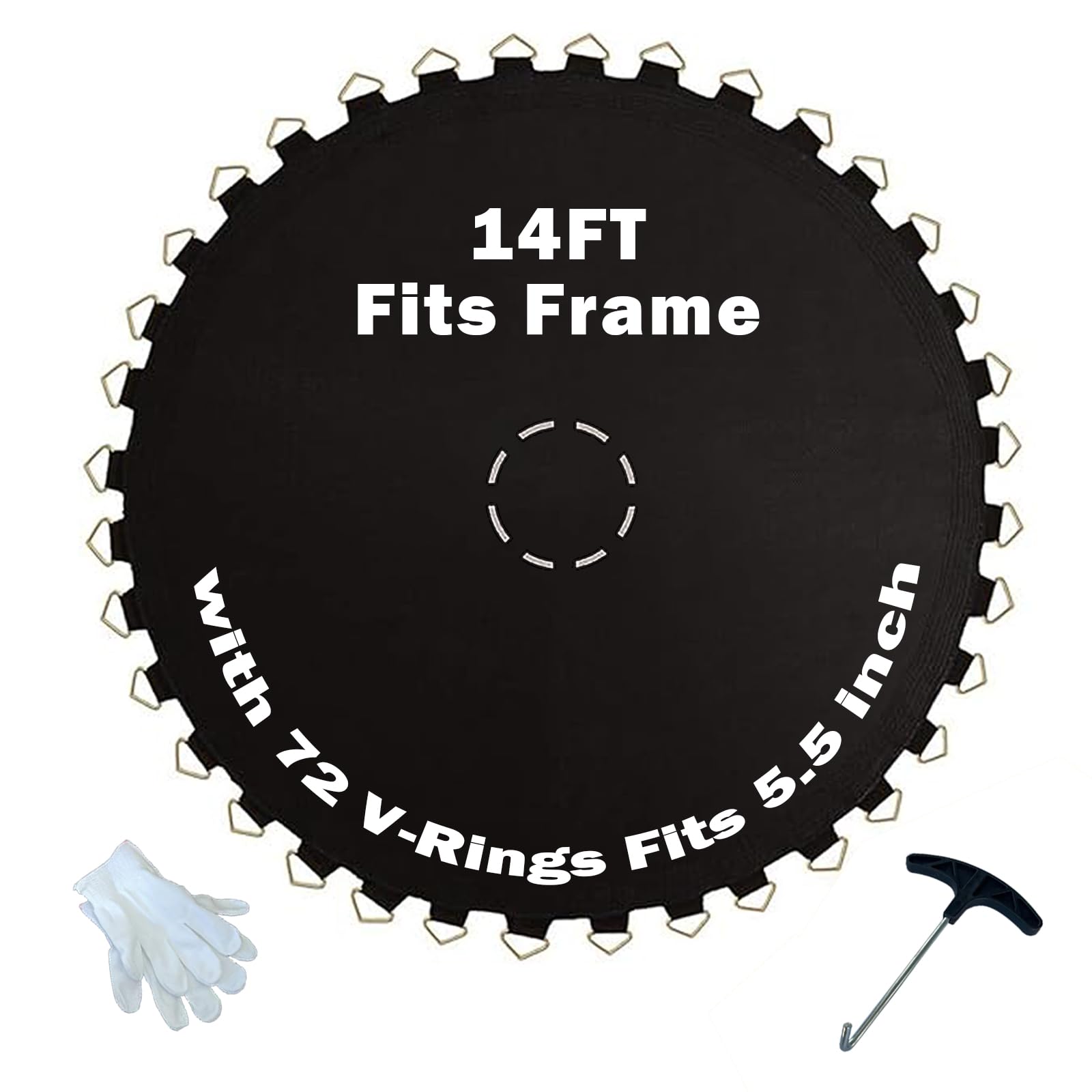 Trampoline Mat, Fits 14 FT Frame, with 72 V-Rings Fits 5.5 inch, Replacement Jumping Mat, Reinforce, UV-Resistant, with Spring Hook and Gloves, Not Include Spring