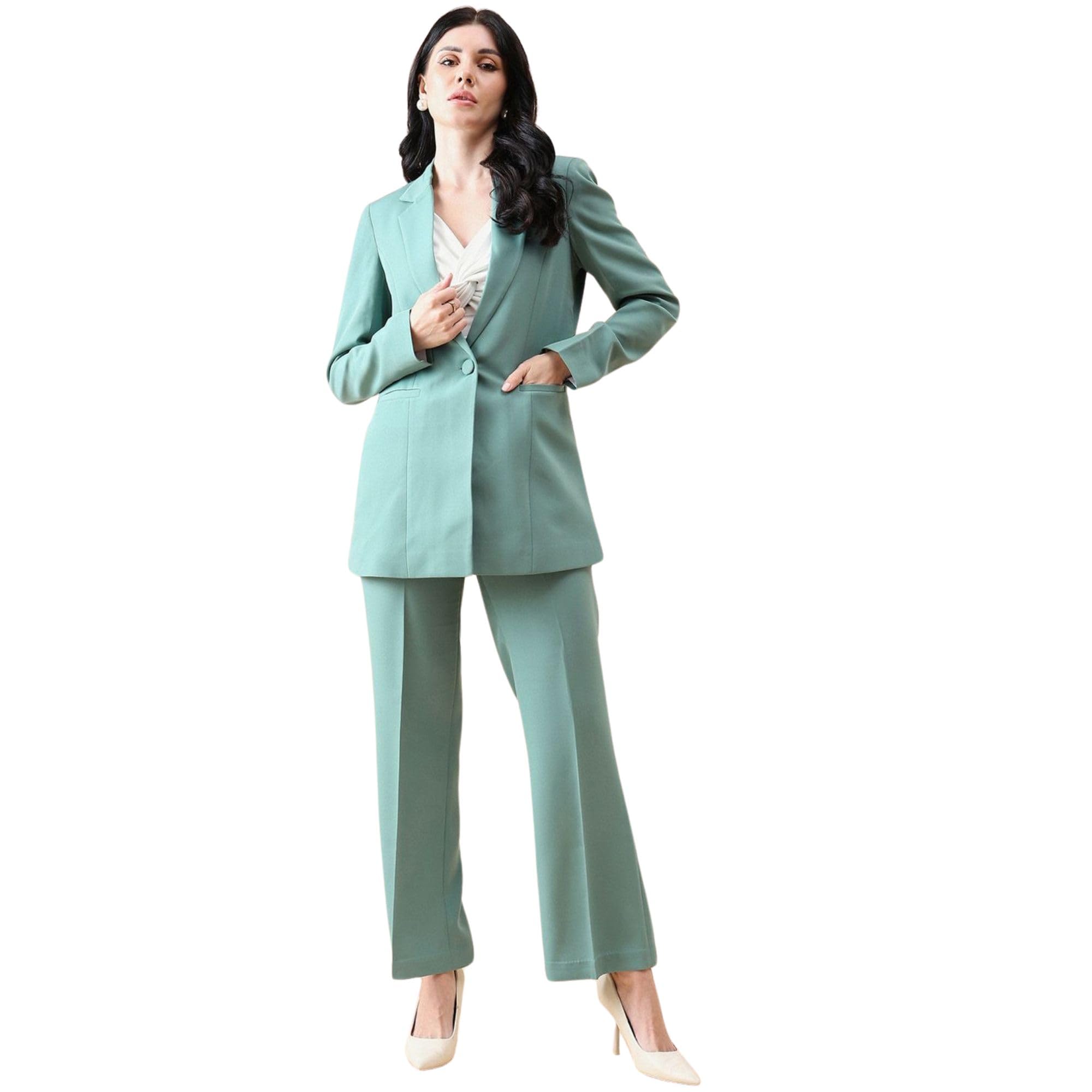 powersutra Women's Sage Green Notch Collar Stretch Suit with Blazer & Trousers | Single-Breasted | Button Closure | Elastic Waist Pants-picture-29