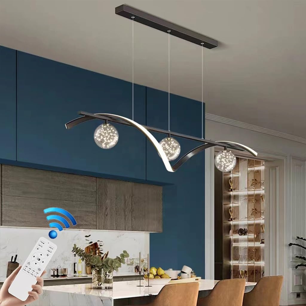 VTAMng Modern LED Pendant Light Linear Height Adjustable Dining Room Chandelier Dimmable Nordic Style Glass Lampshade Hanging Lamp 3000-6000K Ceiling Lamp Dining Table Living Room Bar Cafe Lamp(Black)