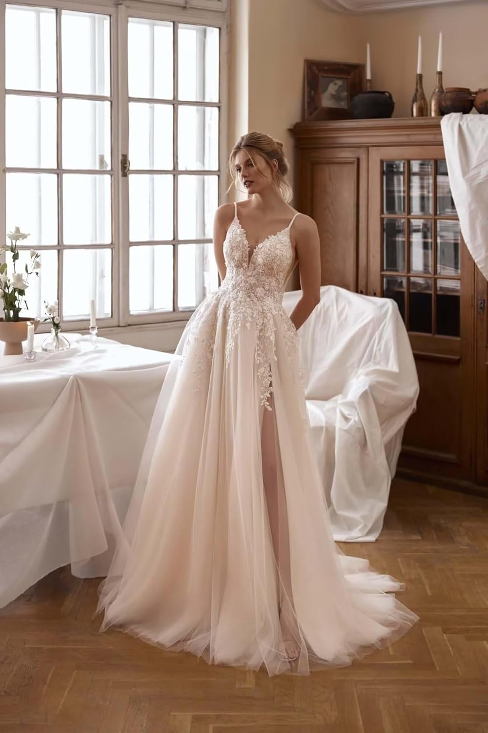Damen Brautkleider Spaghettiträger Boho Hochzeitskleider Spitze A-Linie Standesamt Kleider