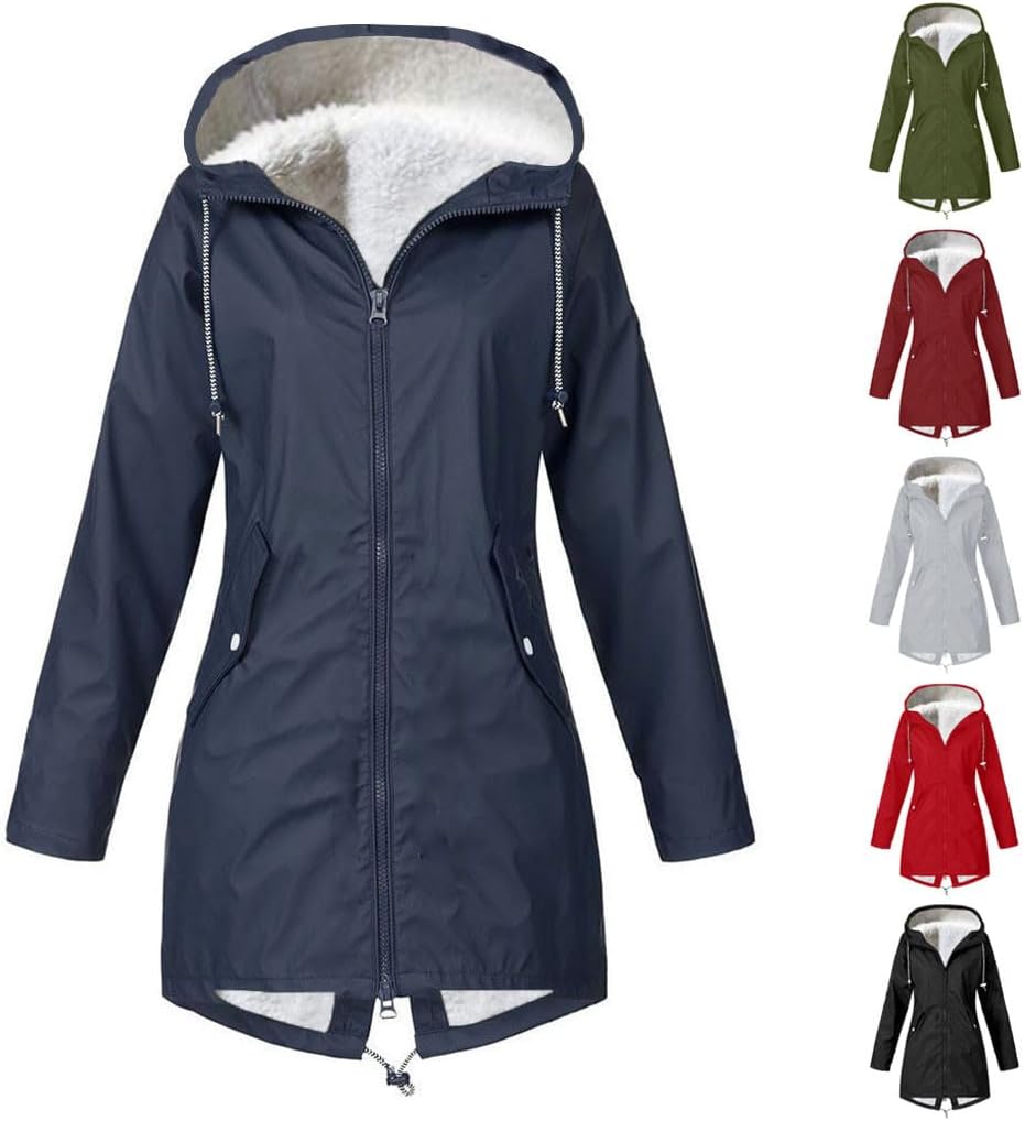 YRAETENM Rain Jacket for Women Waterproof Fleece Lined Rain Coats Lightweight Hooded Windbreaker Outdoor Travel Trench Coats