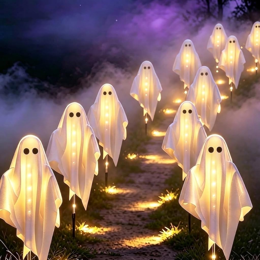 3-Pack & Solar Powered Ghost Halloween Decorations Outdoor, Auto On/Off Warm White 3-pack