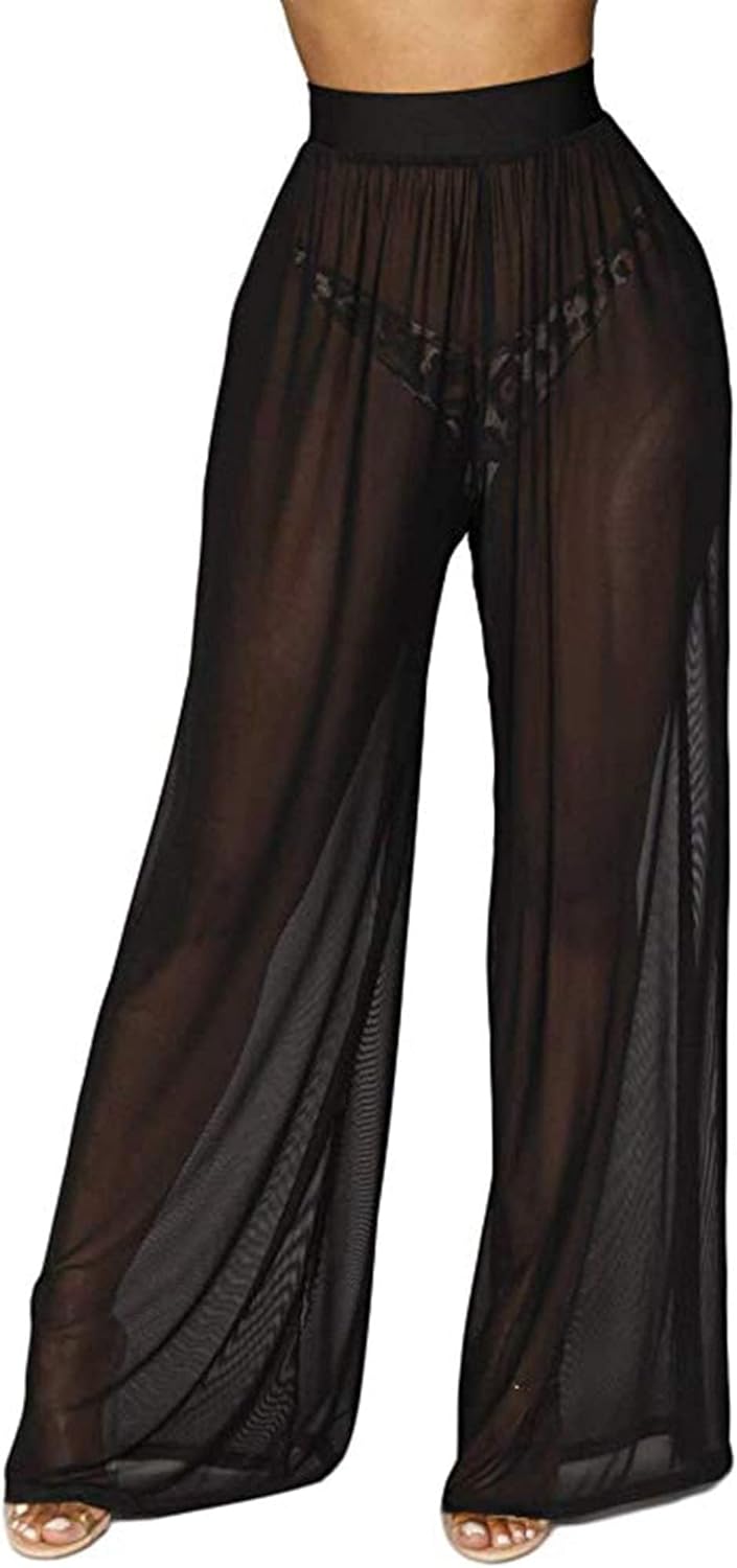 Womens High Waist Sheer Mesh Ladder Bootcut See Through Bikini Bottom Cover Up Flare Leggings Pants