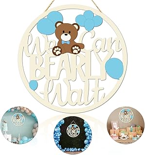 Baby Shower Decorations for Boy We Can Bearly Wait Wooden Sign for Boy Baby Shower Decorations Bear Gender Reveal Door Hanging Photo Props Teddy Bear Theme Party Supplies (Wood)