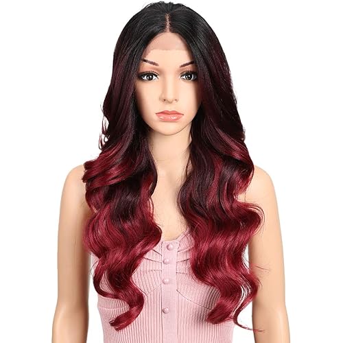 Joedir 26" Big Curly Wavy Supreme Free Parting HD Lace Frontal Wigs With Baby Hair High Temperature Synthetic Wigs For Women 180% Density Wigs(Ombre Black to Dark Wine Color)