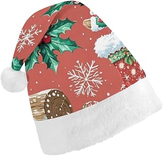 Classic Christmas Elk Wood Snowflake Holly Stocking Santa Hats Cotton Brim White Cuffs Christmas Spirit Hats, Unisex Elf Hat Holiday Theme Costume for Party Favors