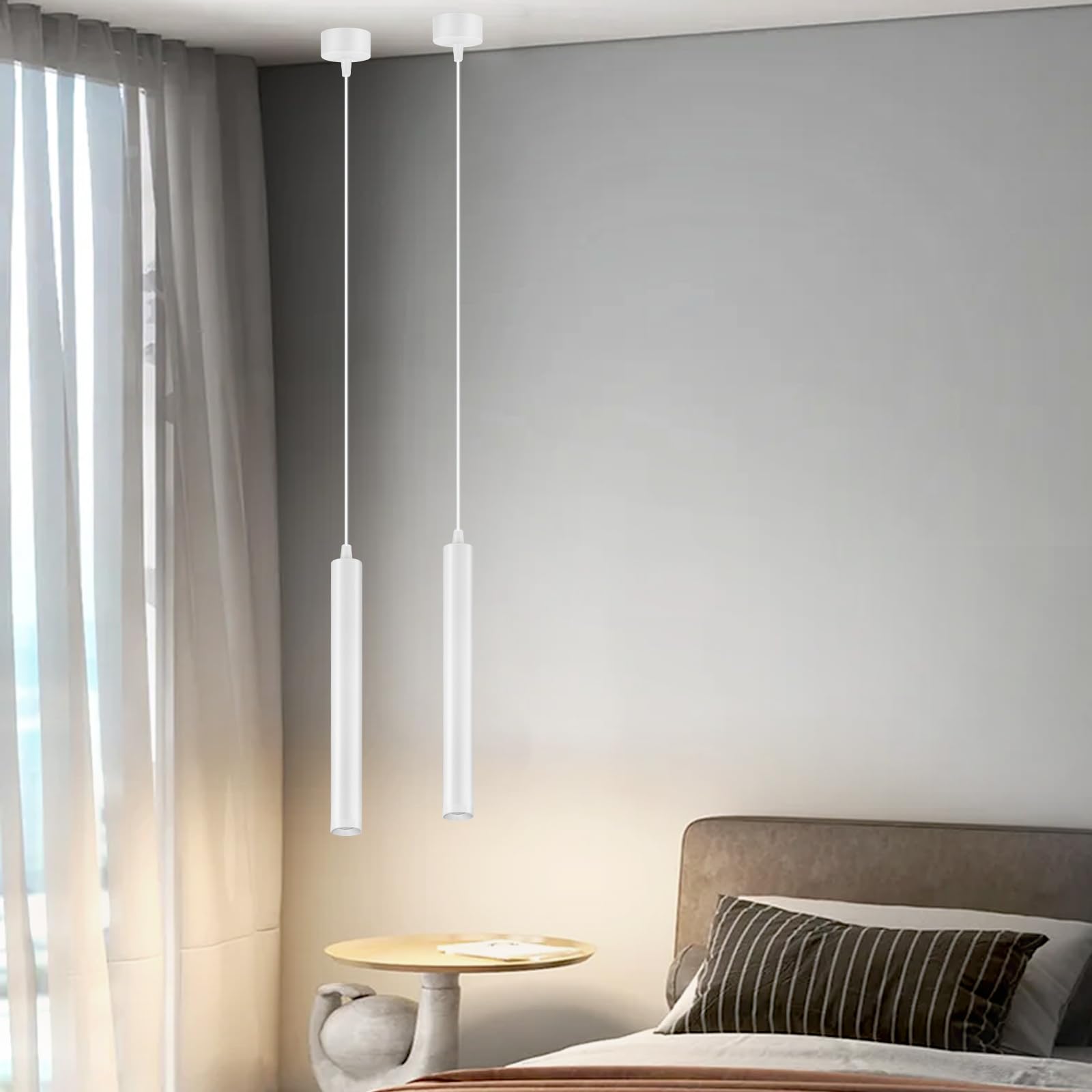 HOTUT Modern COB LED Cylinder Pendant Light,2pcs COB Patch Cylindrical Long Tube Chandelier,Cylinder Ceiling Pendant Lighting,White Cylinder Chandelier,Hanging Bedside Lights for Bedroom Kitchen Bar
