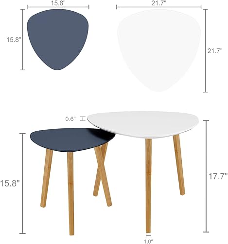 Miniatura 2 de BAMEOS Mesa auxiliar triangular anidable de bambú, juego de 2 mesas auxiliares modernas minimalistas para sala de estar, balcón en blanco y gris