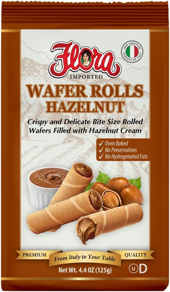 Flora Wafer Rolls Hazelnut – Italian Rolled Wafers with Hazelnut Cream – Light & Crispy Oven Baked Snack – 4.4 oz (125g)