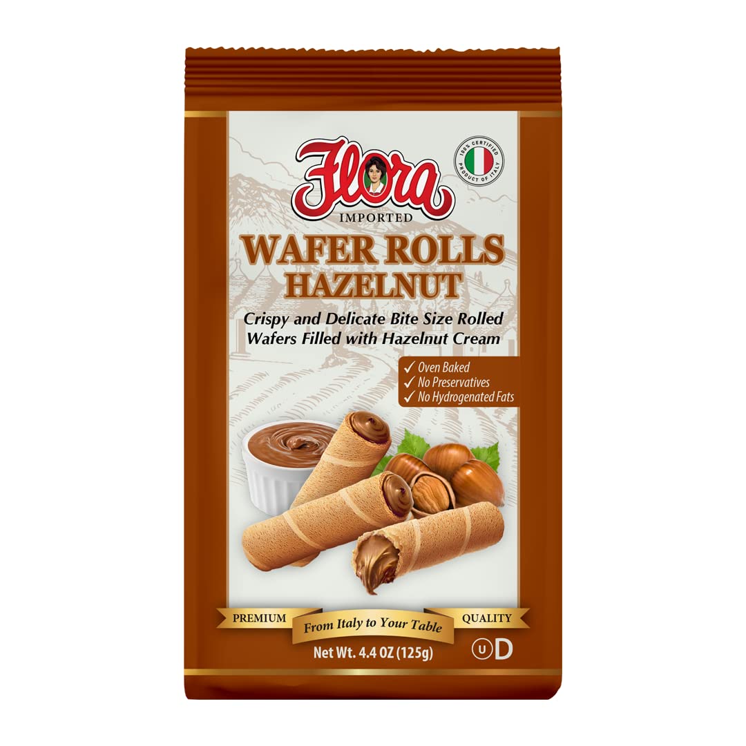 Flora Wafer Rolls Hazelnut – Italian Rolled Wafers with Hazelnut Cream – Light & Crispy Oven Baked Snack – 4.4 oz (125g)