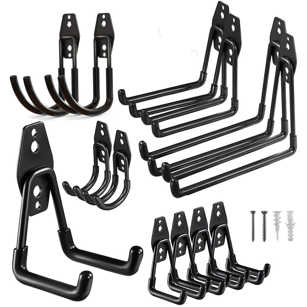 HOOTO 12 Packs Metal Garage Hooks With Anti-Slip Coating - Wall Mounted Storage Hangers for Garden Tools, Ladders, Bikes - Garage Organizers