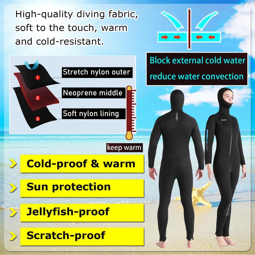 5MM One-Piece Wetsuit Long-Sleeved Hooded Cold-Proof Warm Diving Suit, Anti Jellyfish for Surfing Snorkeling Scuba