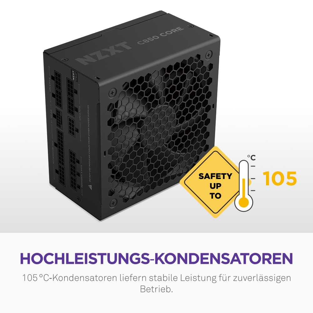 NZXT C850 Gold Core – 850W ATX 3.1 Netzteil – 80 Plus Gold – Cybenetics Platinum – Vollmodular – PCIe 5.1 600W 12V-2x6 – Zero-RPM-Lüfter – 105 °C-Kondensatoren – Schwarz