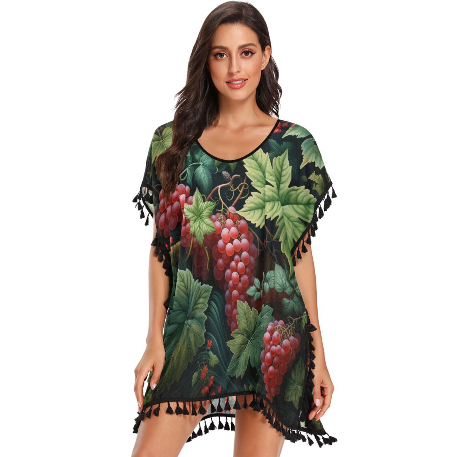 KAAVIYO Repeating Pattern Grape Women's Beach Cover Up Chiffon Tassel Swimwear Swimsuit Coverups for Girl