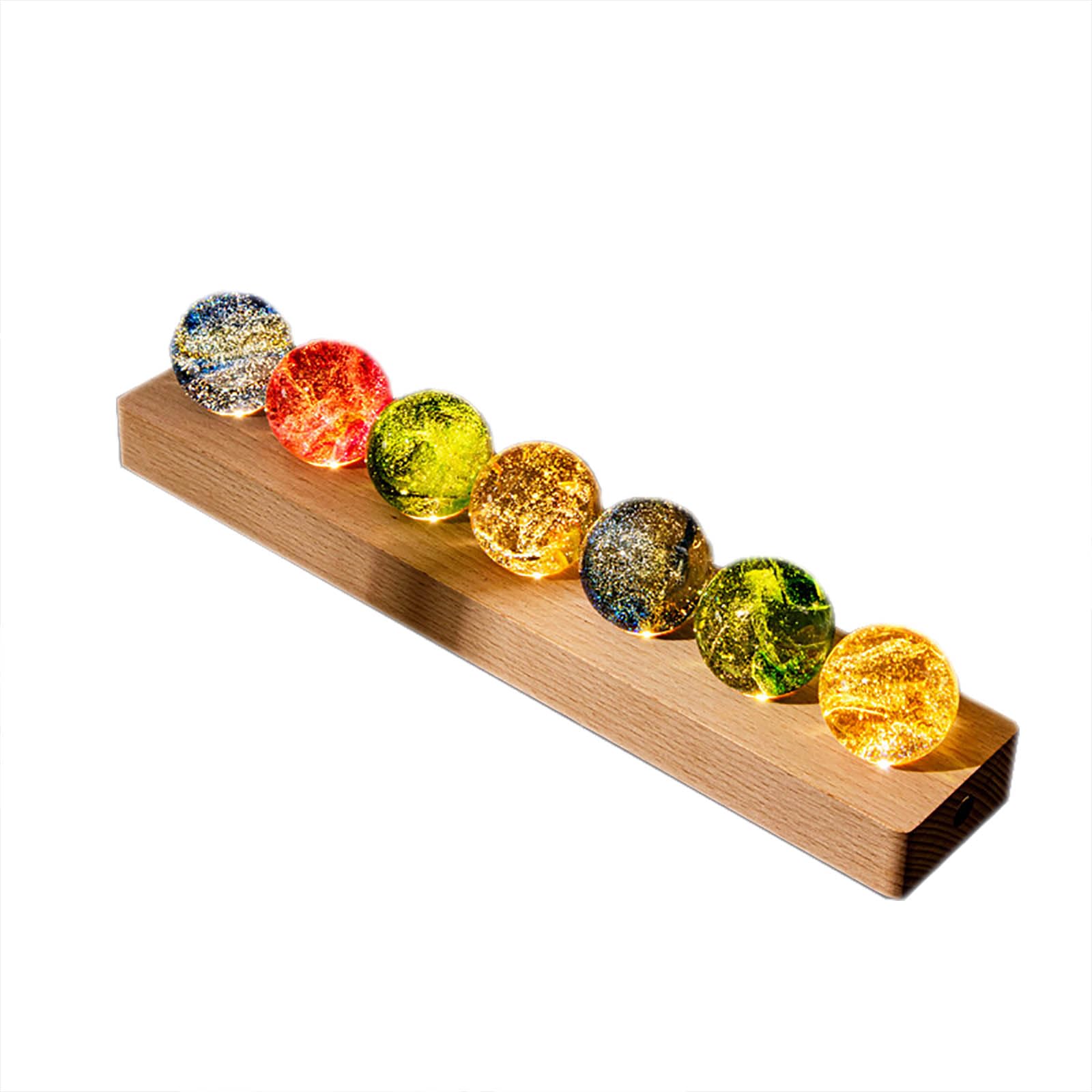 Set 7 Boules Chakras Lumineuses 40mm Avec LED Et Support Bois - Décoration Cristal Coloré