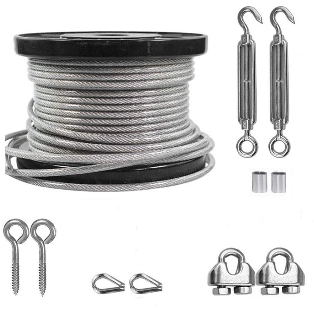 NEWFUN 10M Cable Acero PVC 5mm, Tensor Cable M6 | Cable acero plastificado para tendederos, alambre jardín, colgar cuadros & barandillas