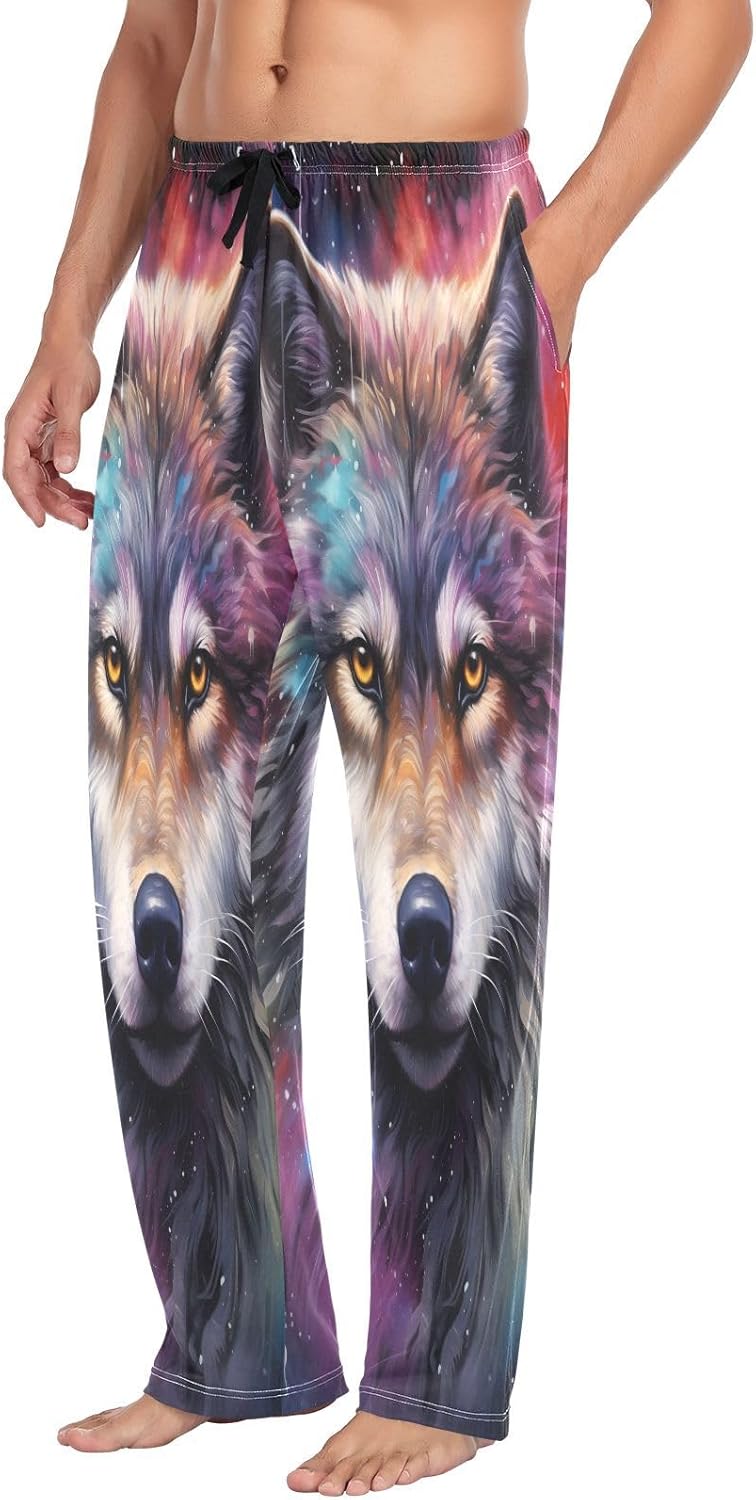 ALAZA Wolf Galaxy Starry Sky Men's Pajama Pants Men Cotton Pajama Bottoms with Pockets, S