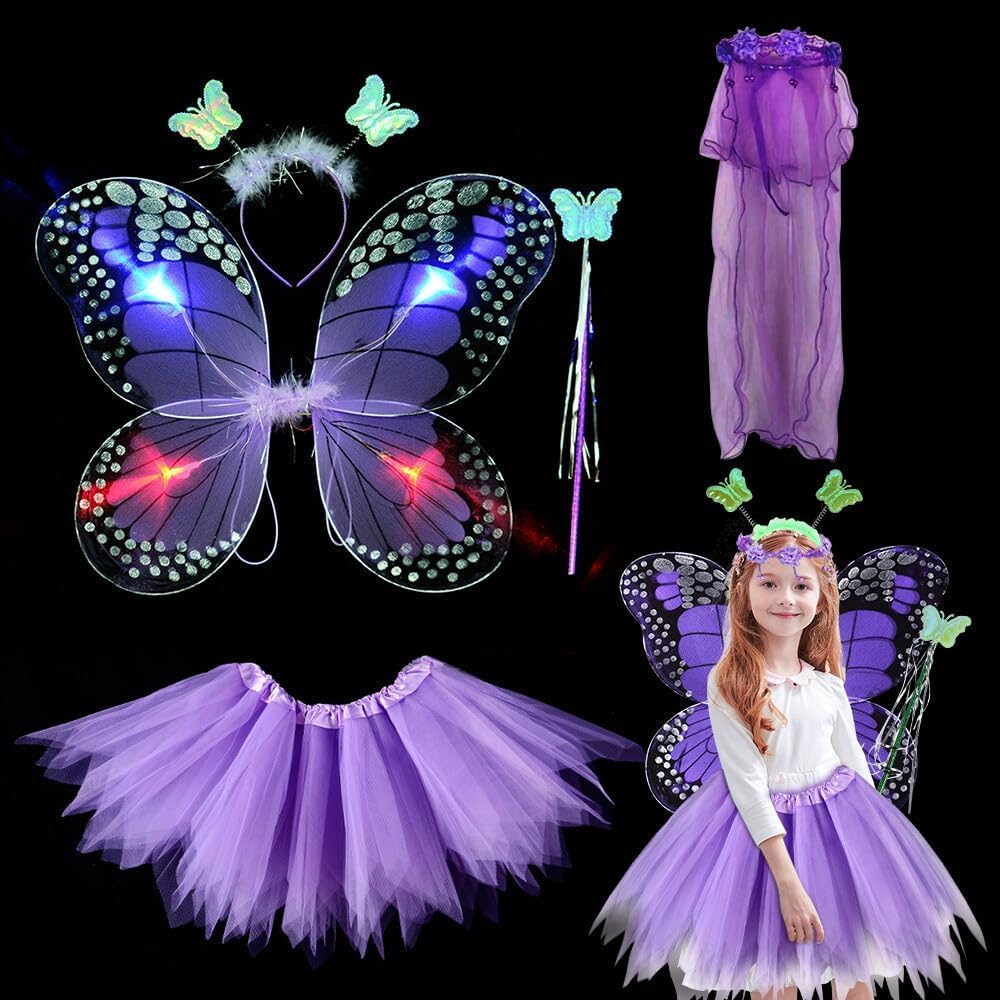 Electric Fairy Wings For Girls, 5Pcs Light Up Butterfly With Led Lights, Luminous Dress Wand And Headband Gifts Children Party Supplies Favours