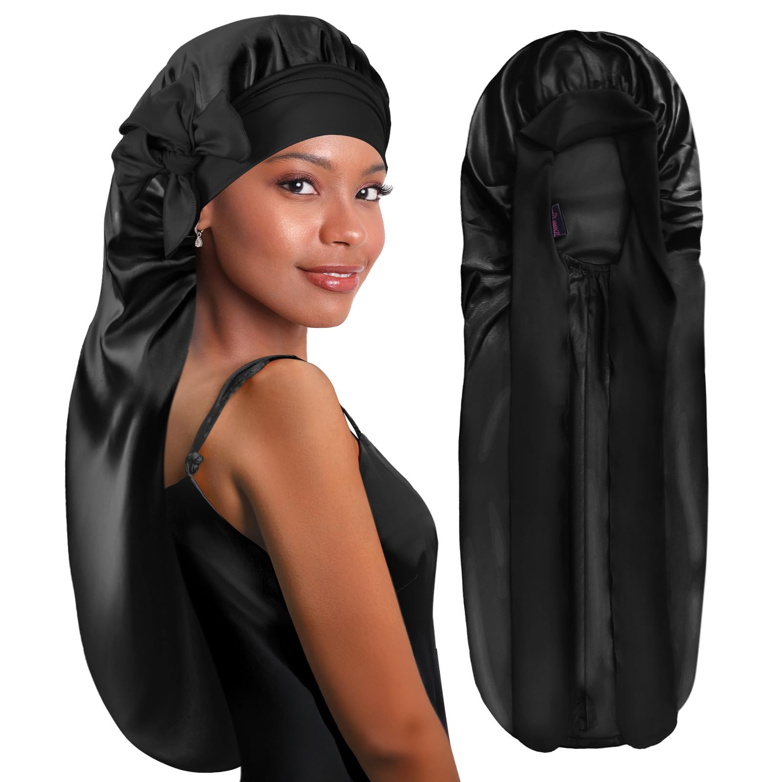 Black Satin Hair Cap, Adjustable Silk Night Bonnet, Oversized Double-Layer Head Cover, Breathable Tie Fastener, Sleeping Headwear for Braids, Curls and Daily Hairstyle Safeguard-picture-25