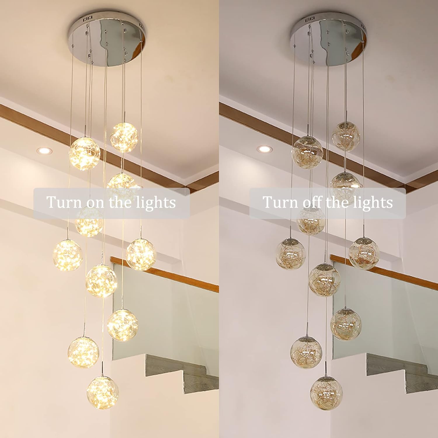 Żyrandol LED ze Szklanymi Kulami, Długa Lampa Wisząca Nowoczesna, Złoty