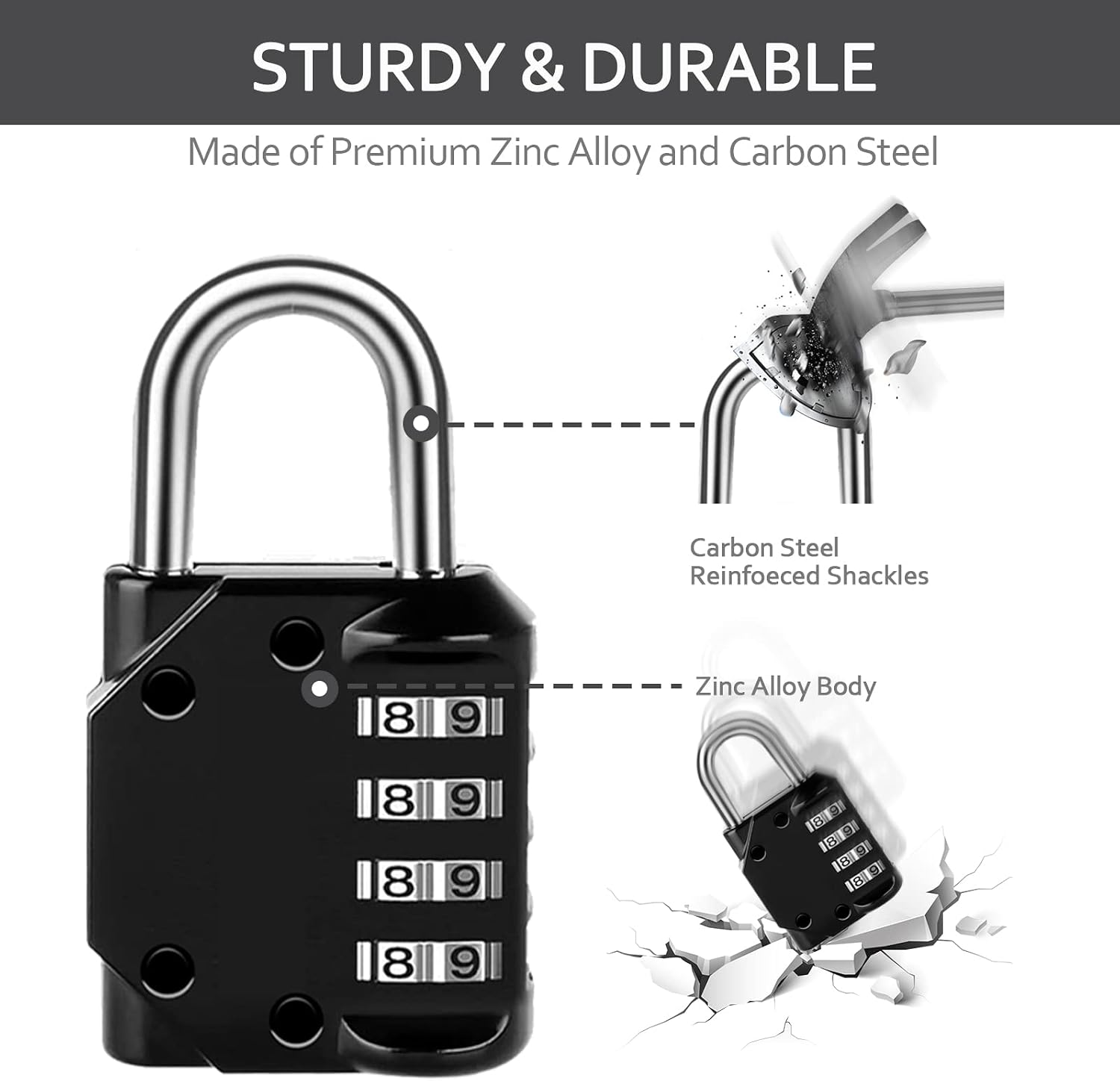 Vervida® 4 Digit Combination Padlock 4 Pack Waterproof Outdoor Black | 4 Resettable Combo Locks for School Gym Locker, Sports Locker Fence Gate, Toolbox Hasp Storage, Heavy Duty Zinc Alloy Black