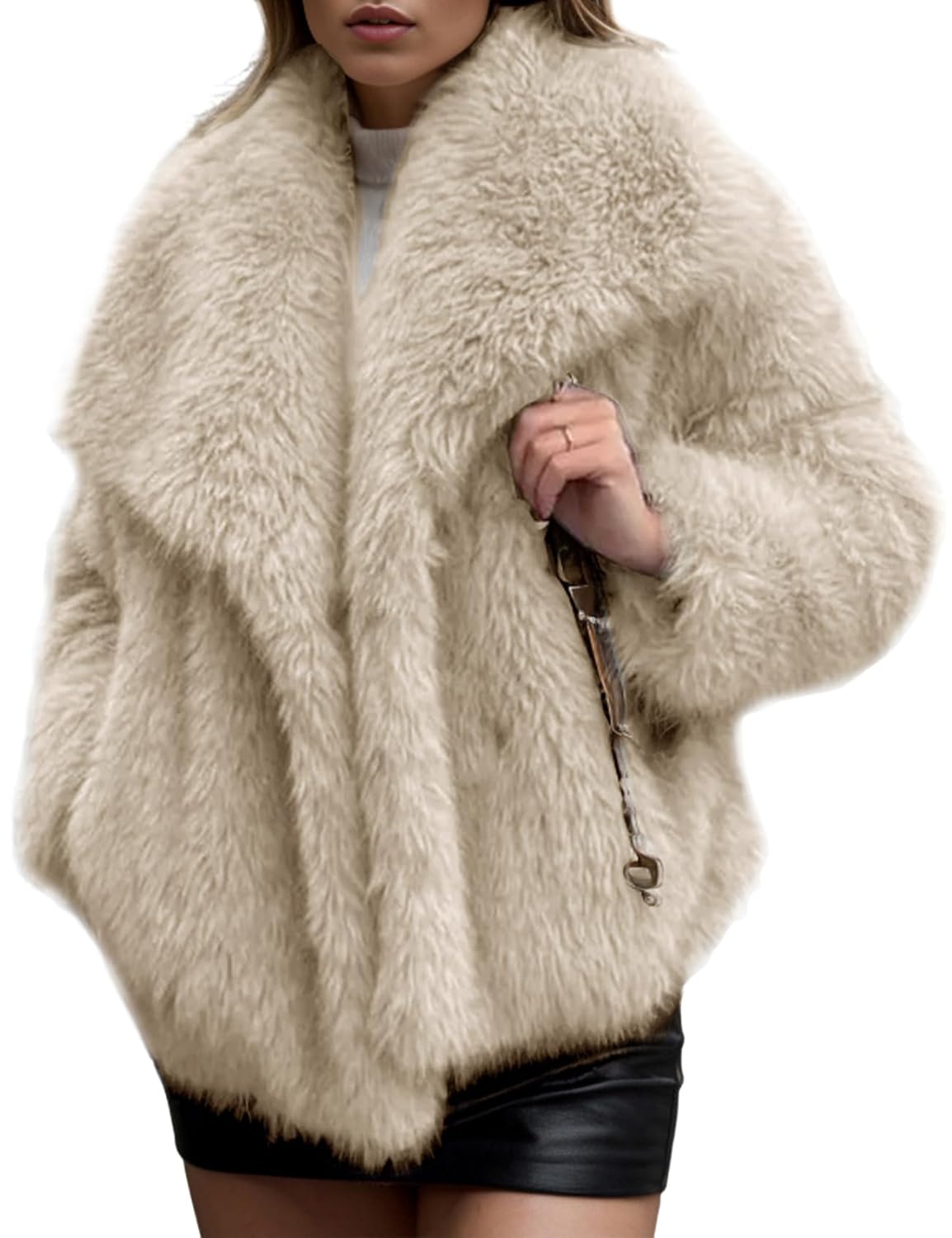 Arssm Womens Faux Fur Coat Fluffy Shaggy Jacket Long Sleeve Lapel Coats Winter Warm Outwear