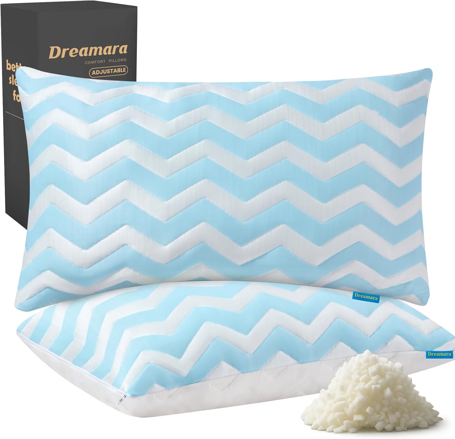 Dreamara Cooling Bed Pillows King Size Set of 2 β Adjustable Loft Shredded Memory Foam Pillows for Side, Back & Stomach Sleepers, Supportive & Breathable for Hot Sleepers (Blue)