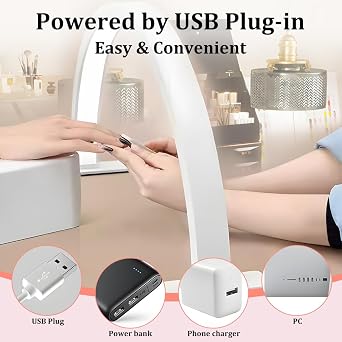 Nail Light for Desk, 21'' Half Moon Light for Nail Desk, 3 Colour Modes and Brightness Nail Desk Lamp, USB Powered Nail Desk Light for Nail Tech Beauty Eyelash Tattoo Crafts (White) [Energy Class A]