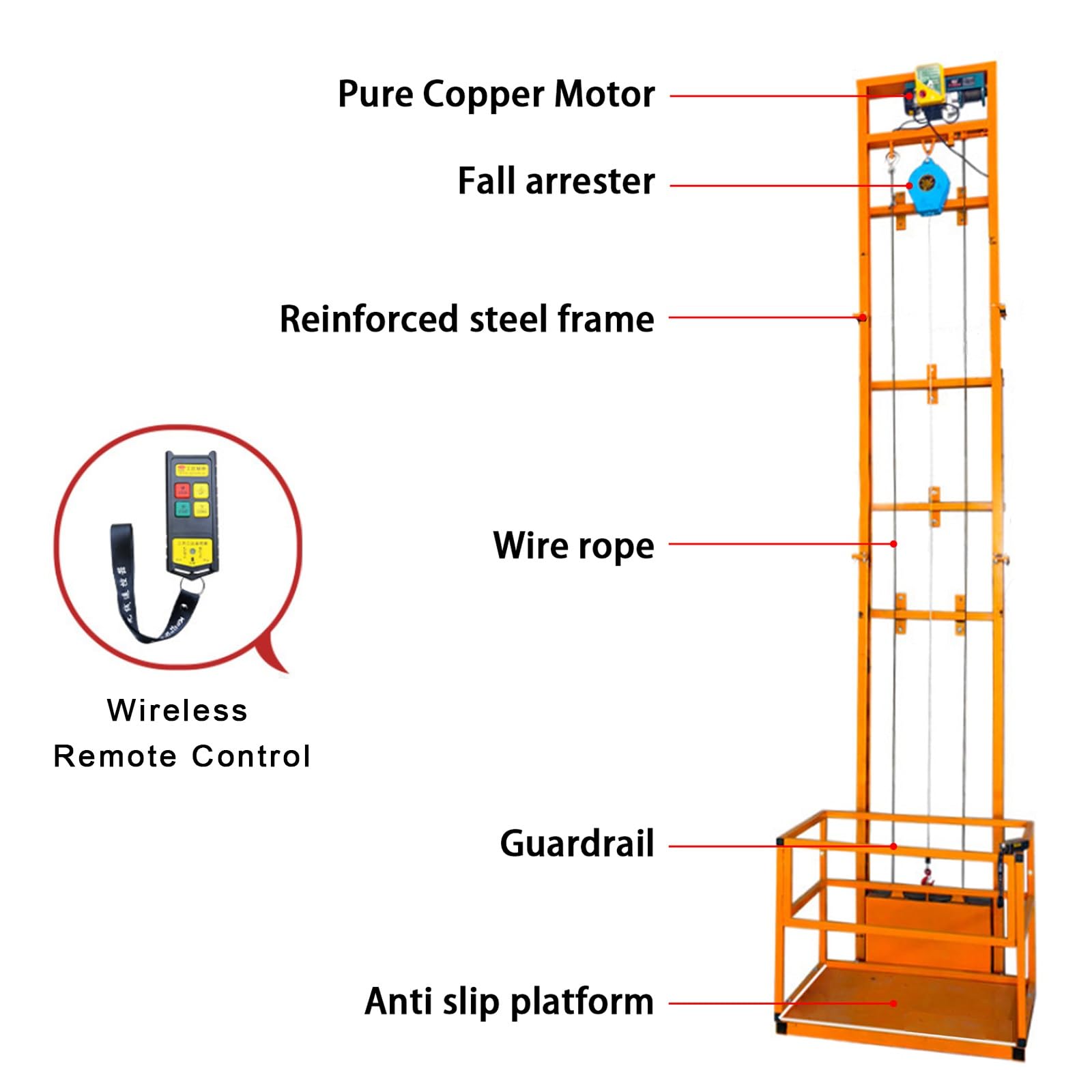 Piattaforma elevatrice elettrica, for magazzini, officine, costruzioni in acciaio | Montacarichi a parete, con radiocomando, arresto arbitrario, finecorsa di sicurezza(3m/9.8ft)