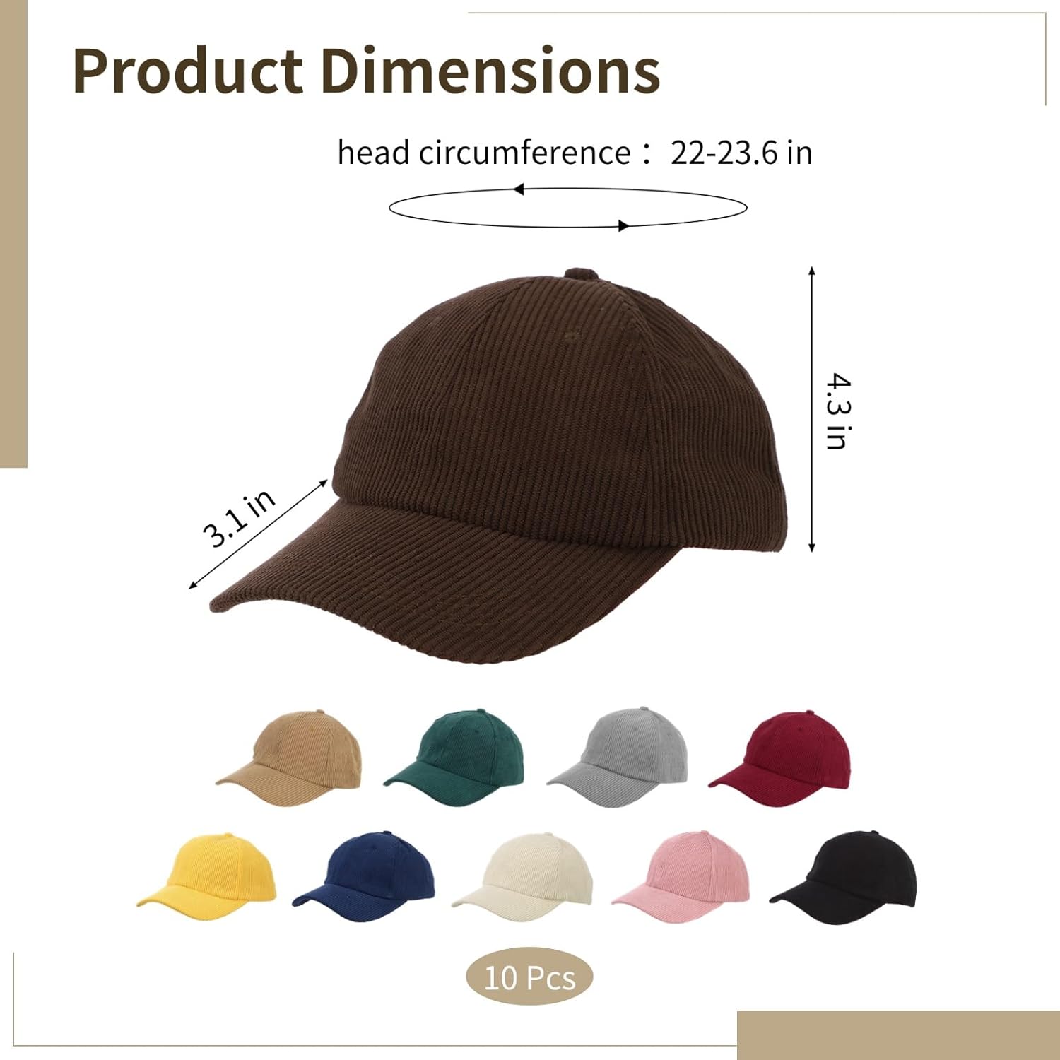 10 PCS Corduroy Baseball Caps, Unisex Adjustable Retro Dad Hats, Soft Ribbed Cotton Feel, Curved Brim Sun Hat for Outdoor Travel, Running, Golf, Hiking, Casual Everyday Wear Multicolor