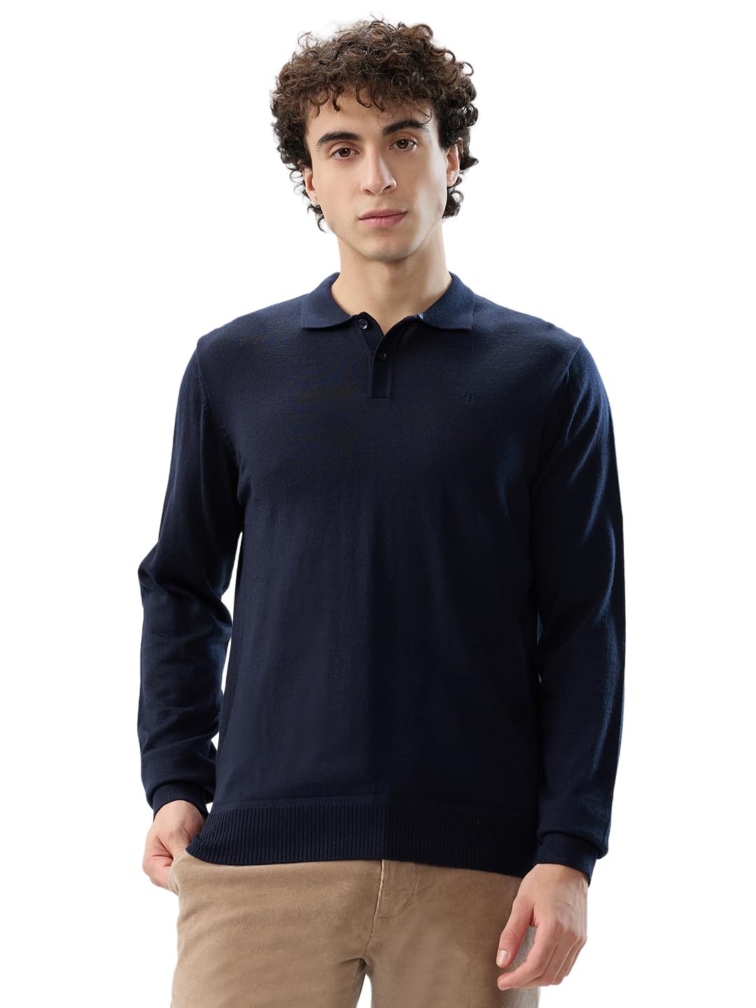 Men Contemporary Fit Solid Pattern Merino Wool Acrylic Blend Polo Neck Full Sleeve Casual Sweater Blue-image-41
