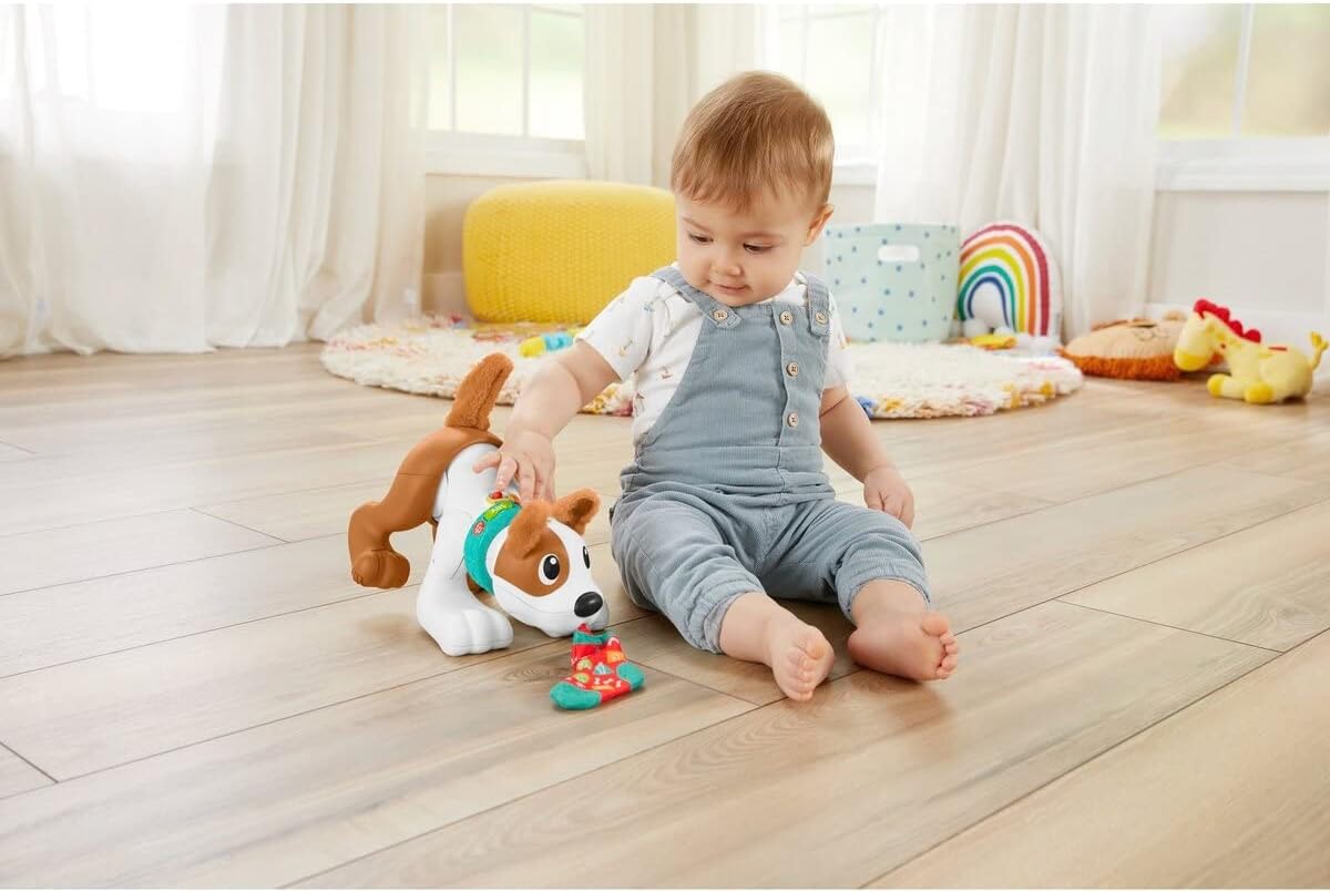 A baby sitting on a wooden floor, reaching out to pull the colorful sock-like tongue from the Fisher-Price Crawl-With-Me Puppy Bello.