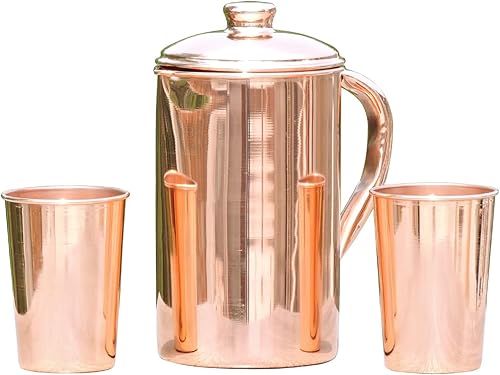 Ancient Impex Jarra de cobre puro con 2 vasos de cobre para almacenar y beber agua, capacidad ayurvédica de cobre puro de 57.48 onzas líquidas con