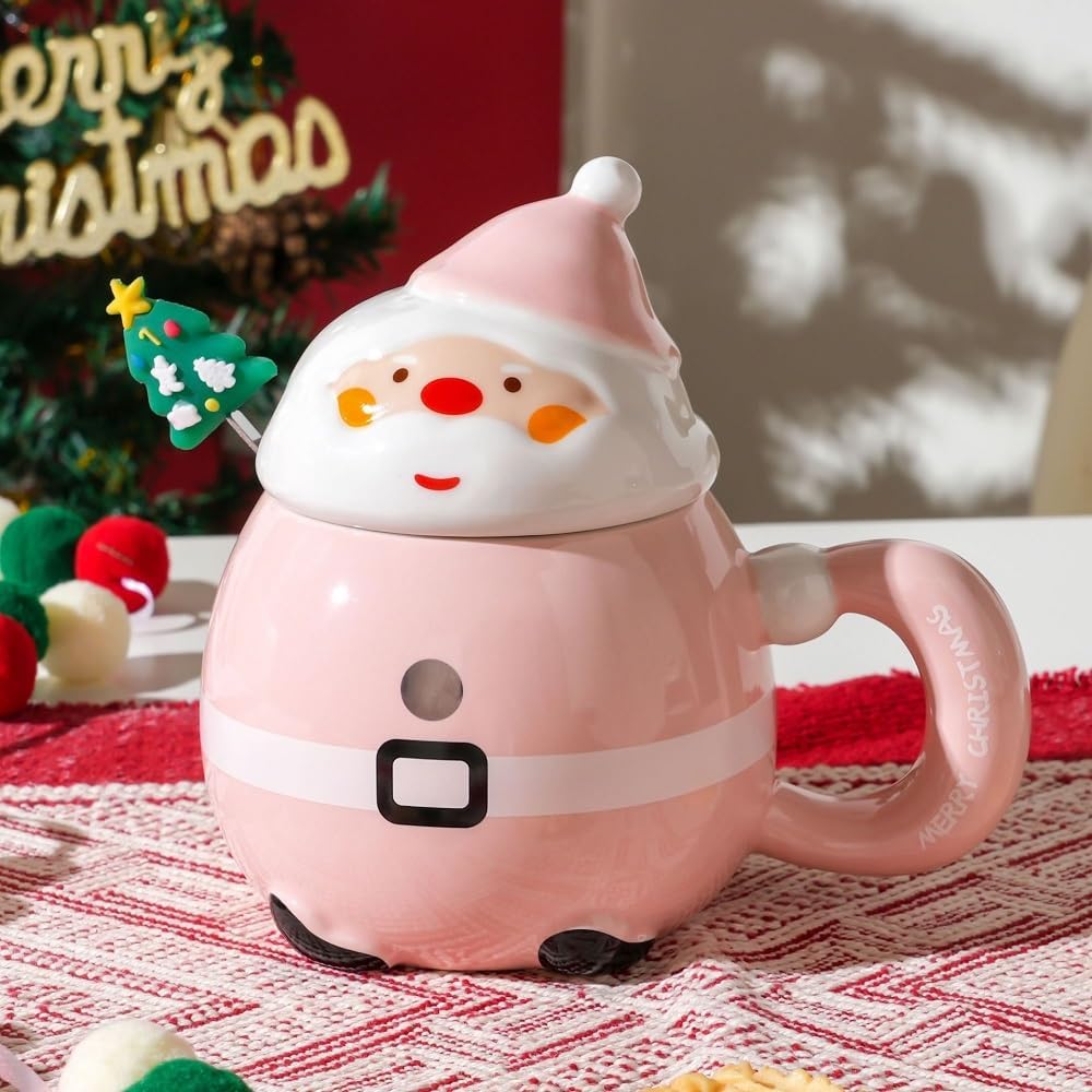 Christmas Mug Cartoon Santa Claus Coffee Cup Porcelain Coffee Mug with Lid and Spoon Tea Cup Christmas Mug Gift for Christmas New Year Birthday Pink