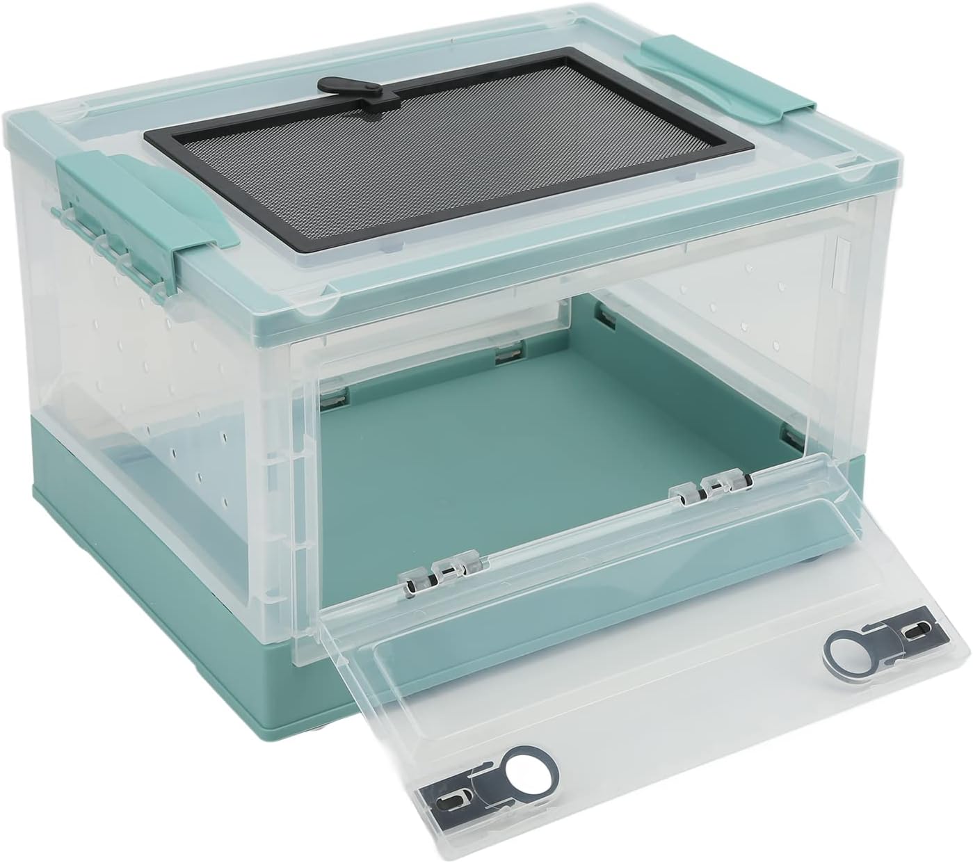 Foldable Reptile Feeding Tank, Ventilated Plastic Terrarium for Lizard Tortoise Frogs with Front Door and Mesh Top, Portable Habitat with Detachable Wheels for Small